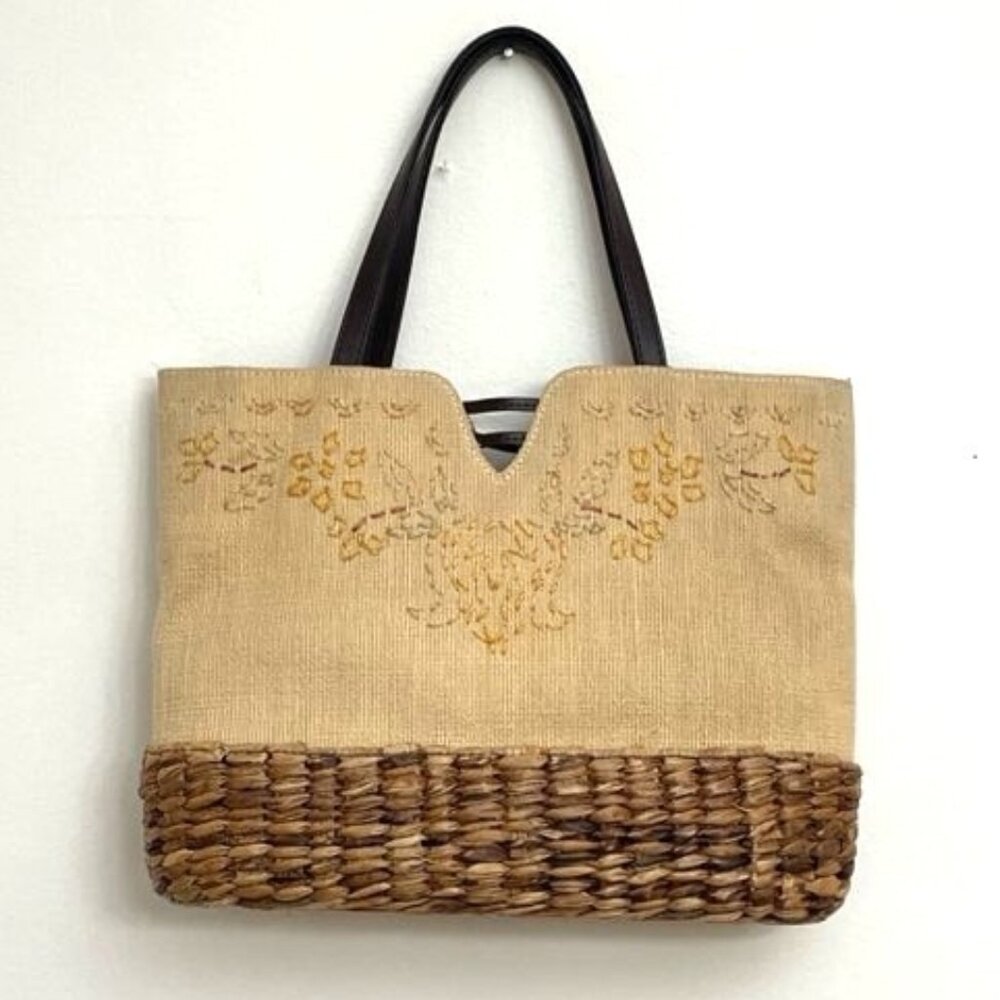 Straw & Fabric Bag Purse Embroidered Flowers Neutral Natural Boho Philippines